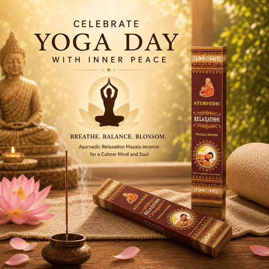 Ayurvedic relaxation incense packaging with a Buddha statue and lotus flower on a wooden table.