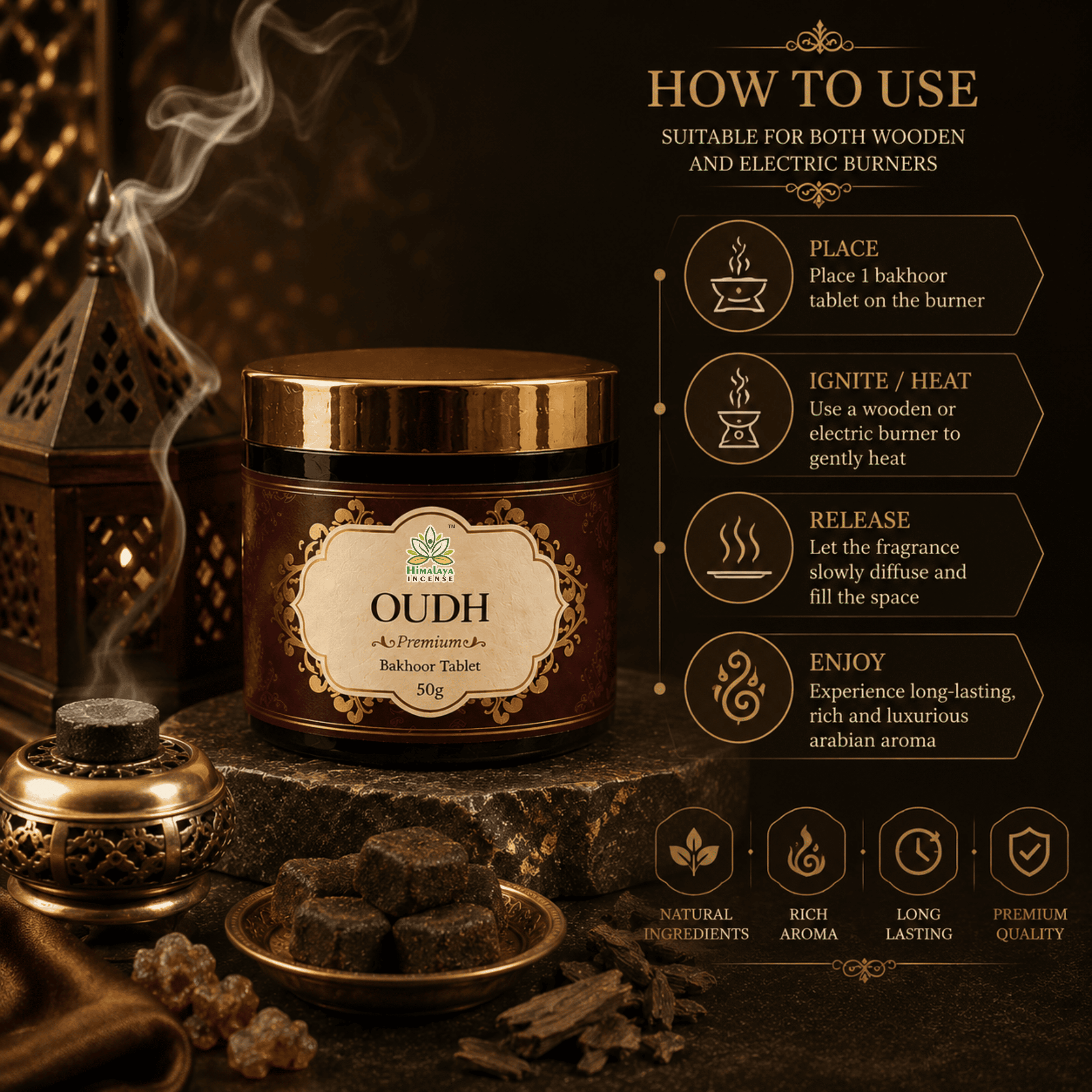 Oudh Bakhoor Tablets – Best Oudh Bakhoor in India | Premium Arabic Bakhoor | Long Lasting Oudh Aroma | Luxury Arabian Bakhoor for Home, Prayer & Meditation | Himalaya Incense 50g