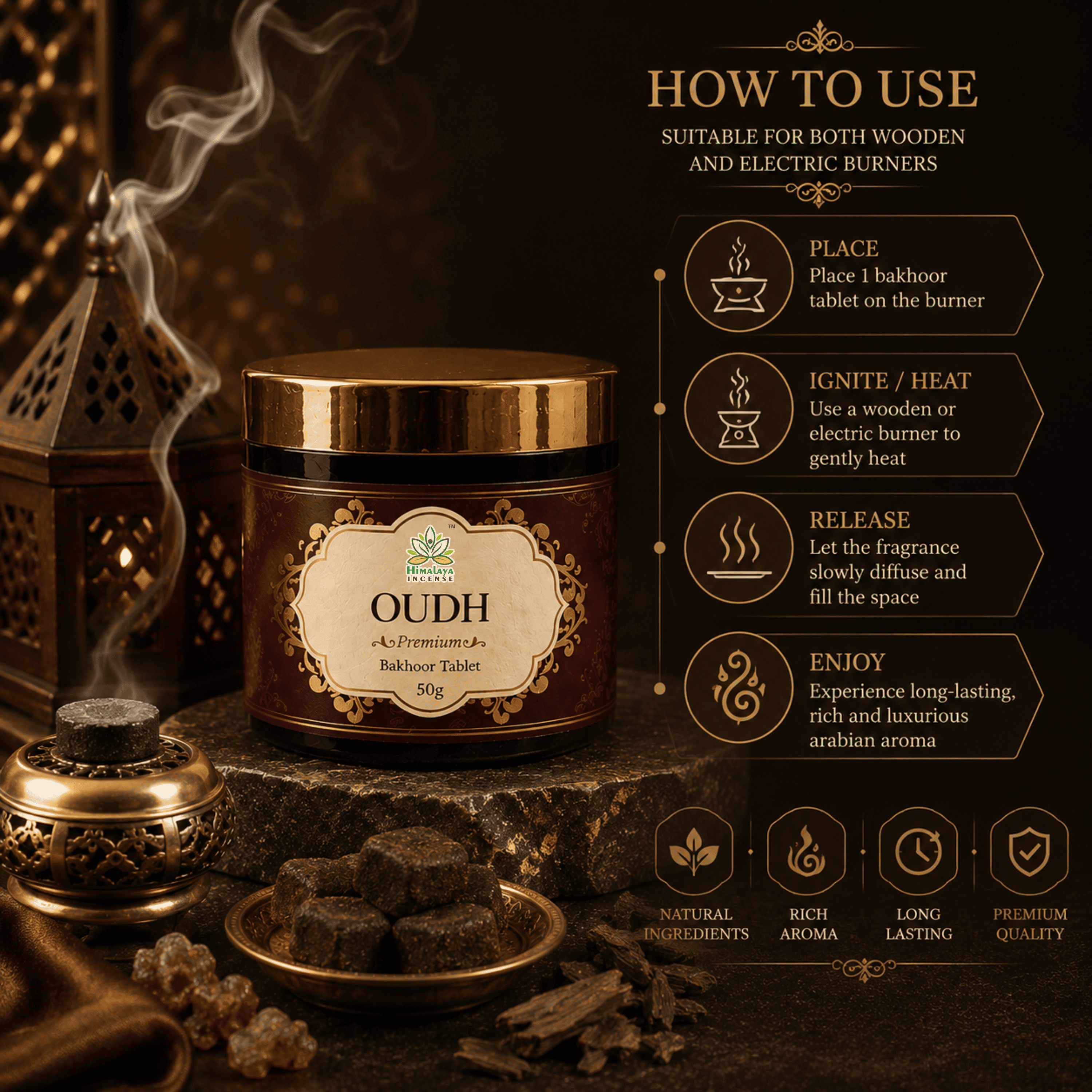 Oudh Bakhoor Tablets – Best Oudh Bakhoor in India | Premium Arabic Bakhoor | Long Lasting Oudh Aroma | Luxury Arabian Bakhoor for Home, Prayer & Meditation | Himalaya Incense 50g