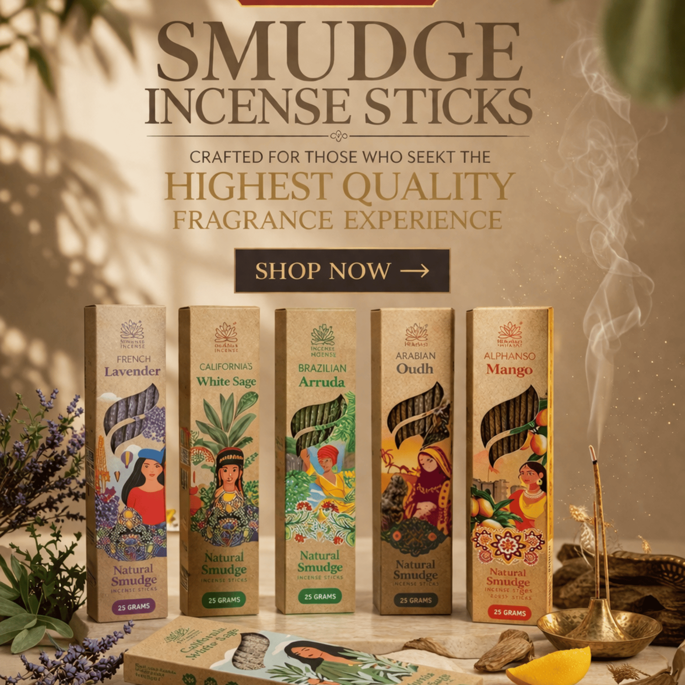 Premium Smudge Incense Sticks Combo Pack (5 Fragrances) – Natural, Long Lasting, Luxury Aromatherapy Incense Sticks for Meditation, Relaxation & Home Fragrance
