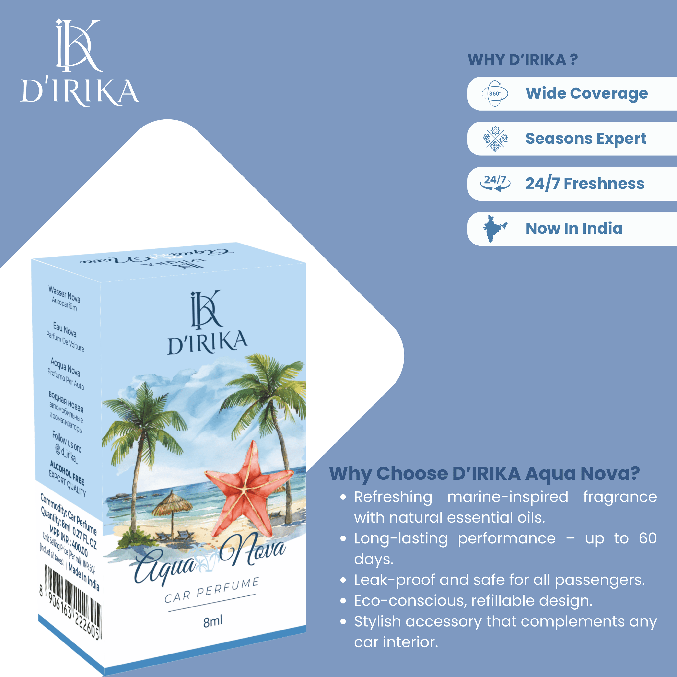 D’irika Aqua Nova Hanging Car Perfume – 8ML Long Lasting Essential Oil Freshener