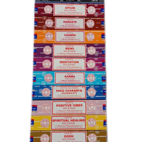 Satya Incense Sticks Combo Pack 12 x 15g – Nag Champa, Oudh, Super Hit, Meditation, Reiki, Opium & More | Premium Masala Agarbatti Set