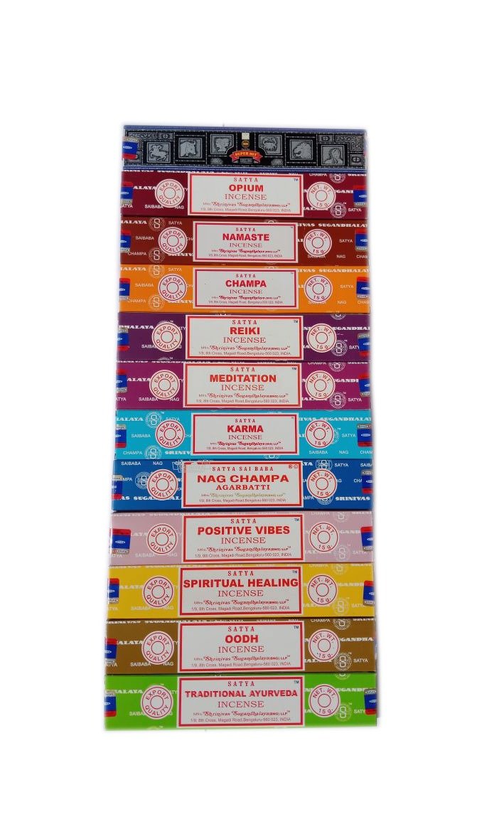 Satya Incense Sticks Combo Pack 12 x 15g – Nag Champa, Oudh, Super Hit, Meditation, Reiki, Opium & More | Premium Masala Agarbatti Set