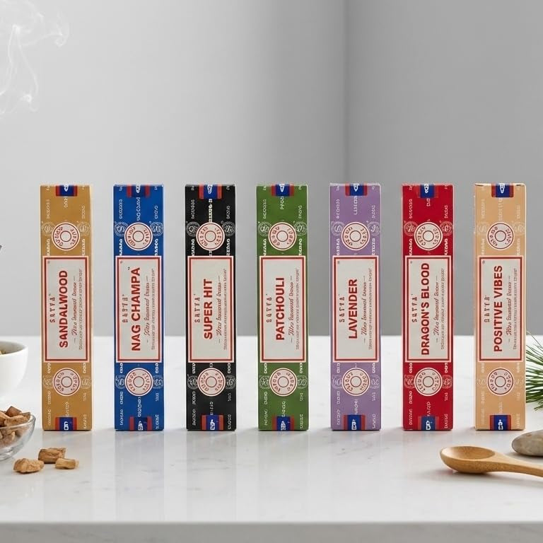 Satya Incense Gift Set 7 x 15g – Premium Masala Agarbatti Combo Pack | Nag Champa, Patchouli, Lavender, Dragon’s Blood, Sandalwood, Positive Vibes