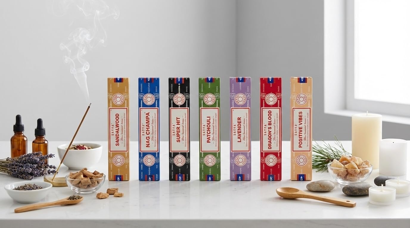 Satya Incense Gift Set 7 x 15g – Premium Masala Agarbatti Combo Pack | Nag Champa, Patchouli, Lavender, Dragon’s Blood, Sandalwood, Positive Vibes
