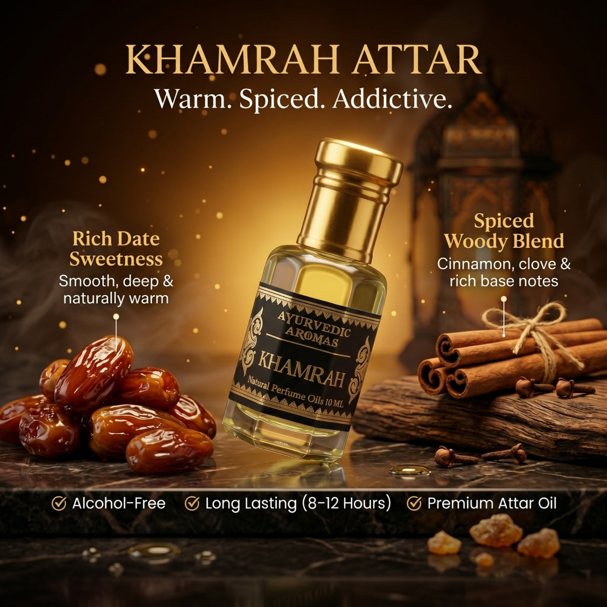 Khamrah Attar – Warm Spicy Luxury Perfume Oil (Alcohol-Free, Long Lasting 10ml) by Ayurvedic Aromas