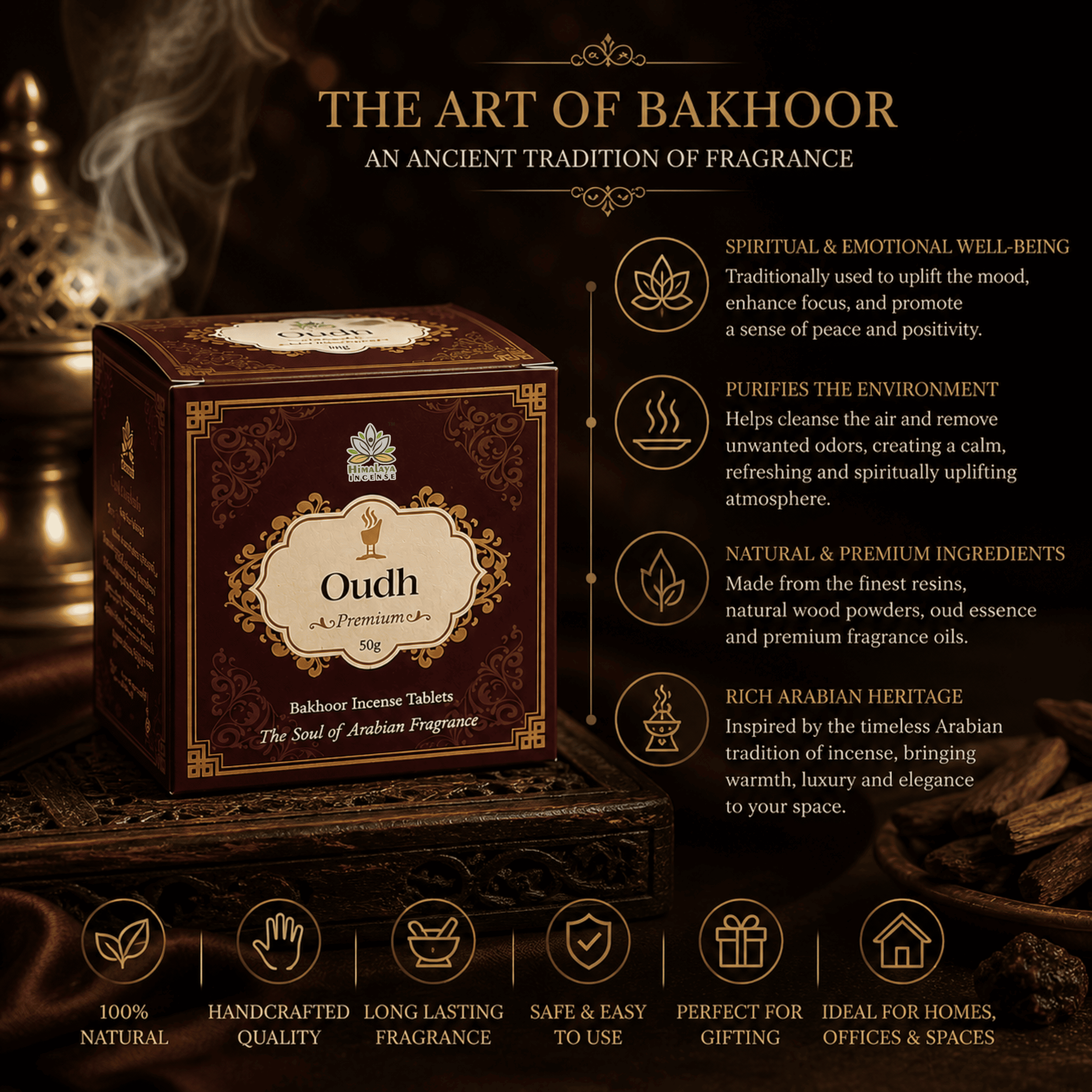 Oudh Bakhoor Tablets – Best Oudh Bakhoor in India | Premium Arabic Bakhoor | Long Lasting Oudh Aroma | Luxury Arabian Bakhoor for Home, Prayer & Meditation | Himalaya Incense 50g