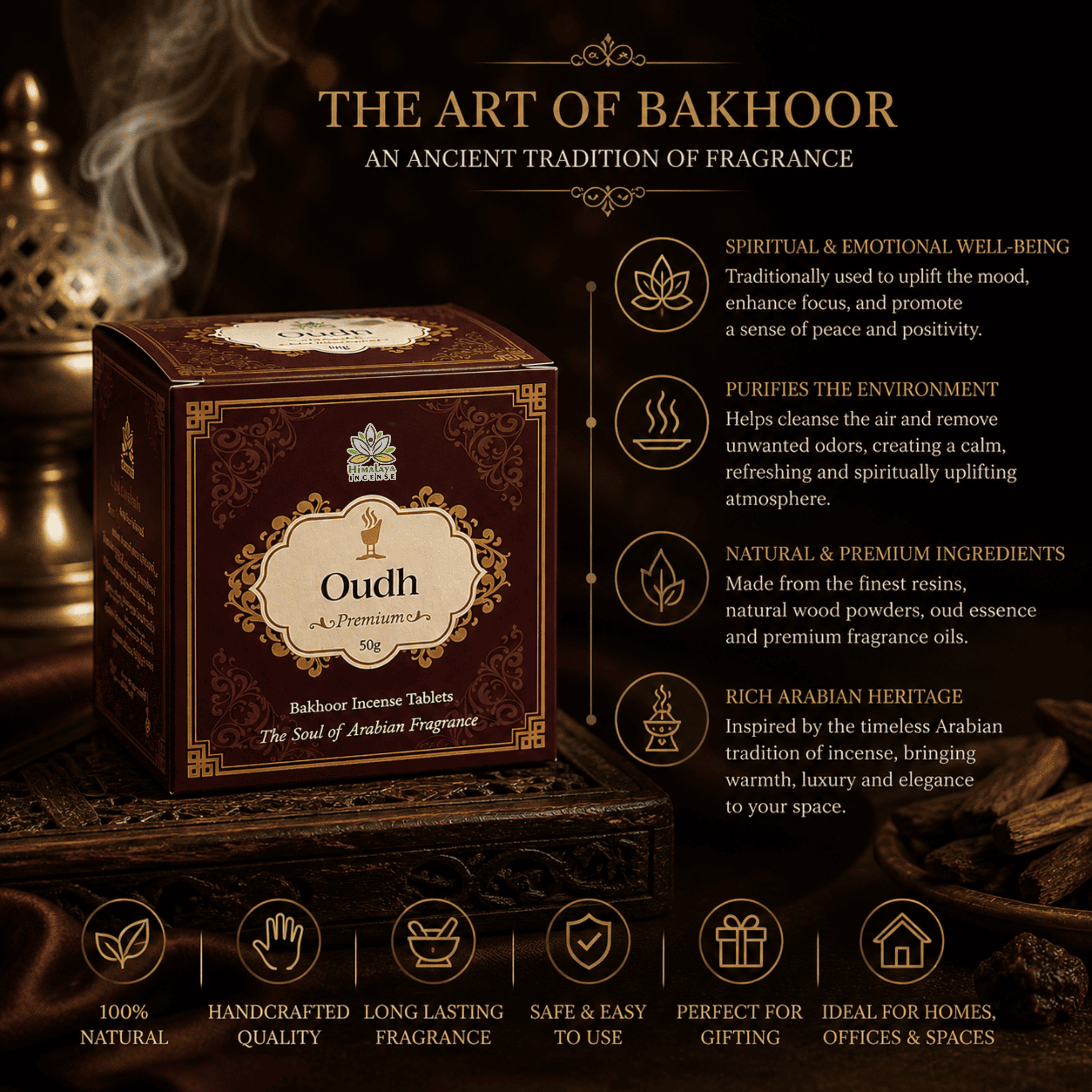 Oudh Bakhoor Tablets – Best Oudh Bakhoor in India | Premium Arabic Bakhoor | Long Lasting Oudh Aroma | Luxury Arabian Bakhoor for Home, Prayer & Meditation | Himalaya Incense 50g