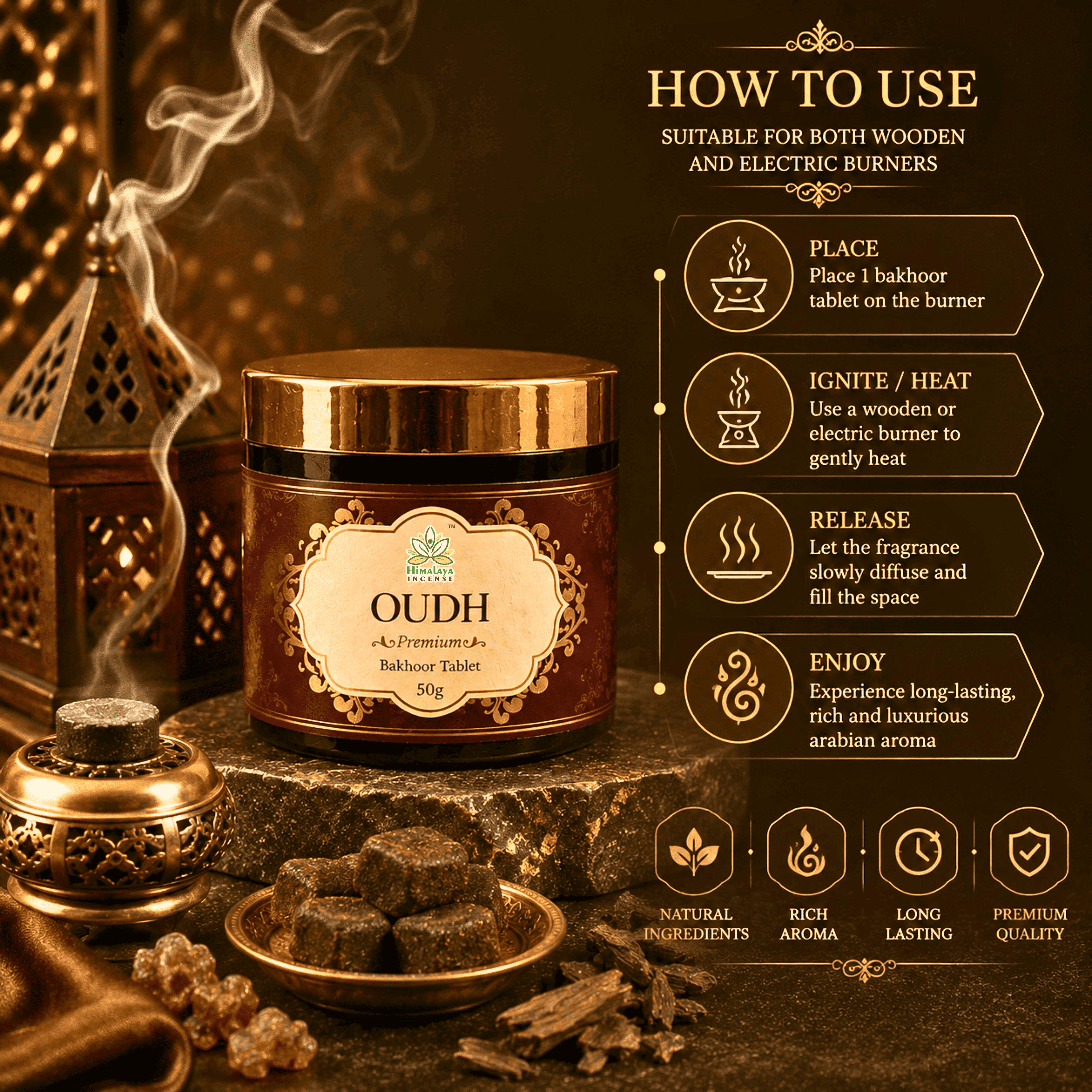 Oudh Bakhoor Tablets – Best Oudh Bakhoor in India | Premium Arabic Bakhoor | Long Lasting Oudh Aroma | Luxury Arabian Bakhoor for Home, Prayer & Meditation | Himalaya Incense 50g