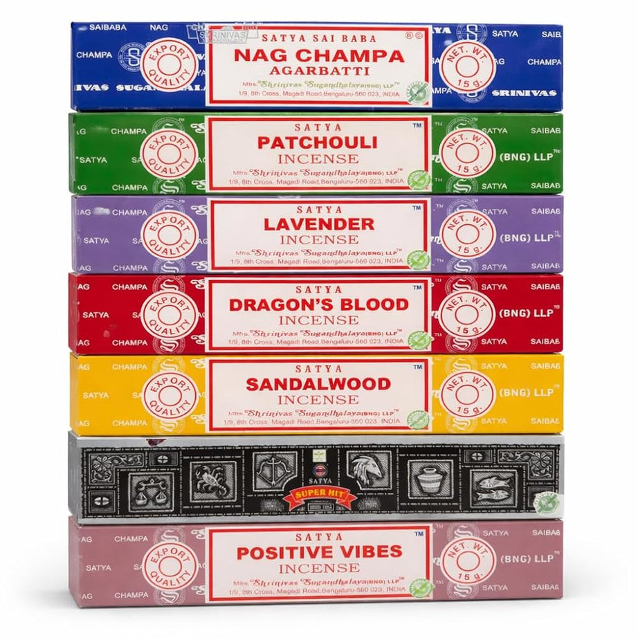 Satya Incense Gift Set 7 x 15g – Premium Masala Agarbatti Combo Pack | Nag Champa, Patchouli, Lavender, Dragon’s Blood, Sandalwood, Positive Vibes