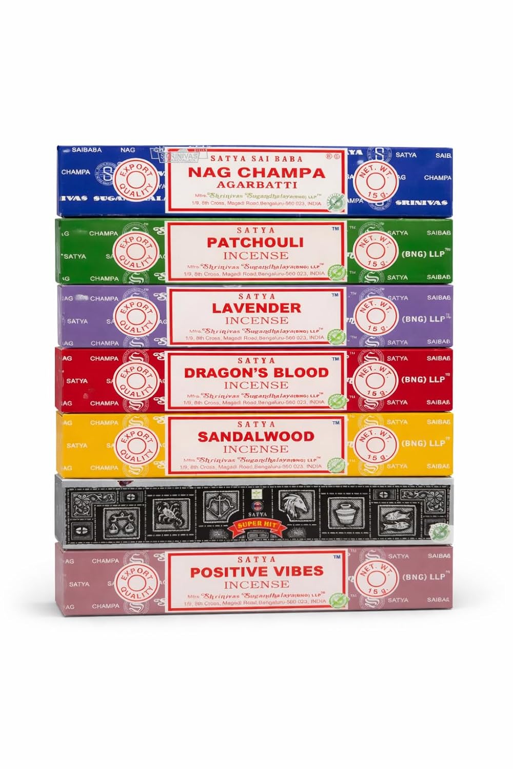Satya Incense Gift Set 7 x 15g – Premium Masala Agarbatti Combo Pack | Nag Champa, Patchouli, Lavender, Dragon’s Blood, Sandalwood, Positive Vibes
