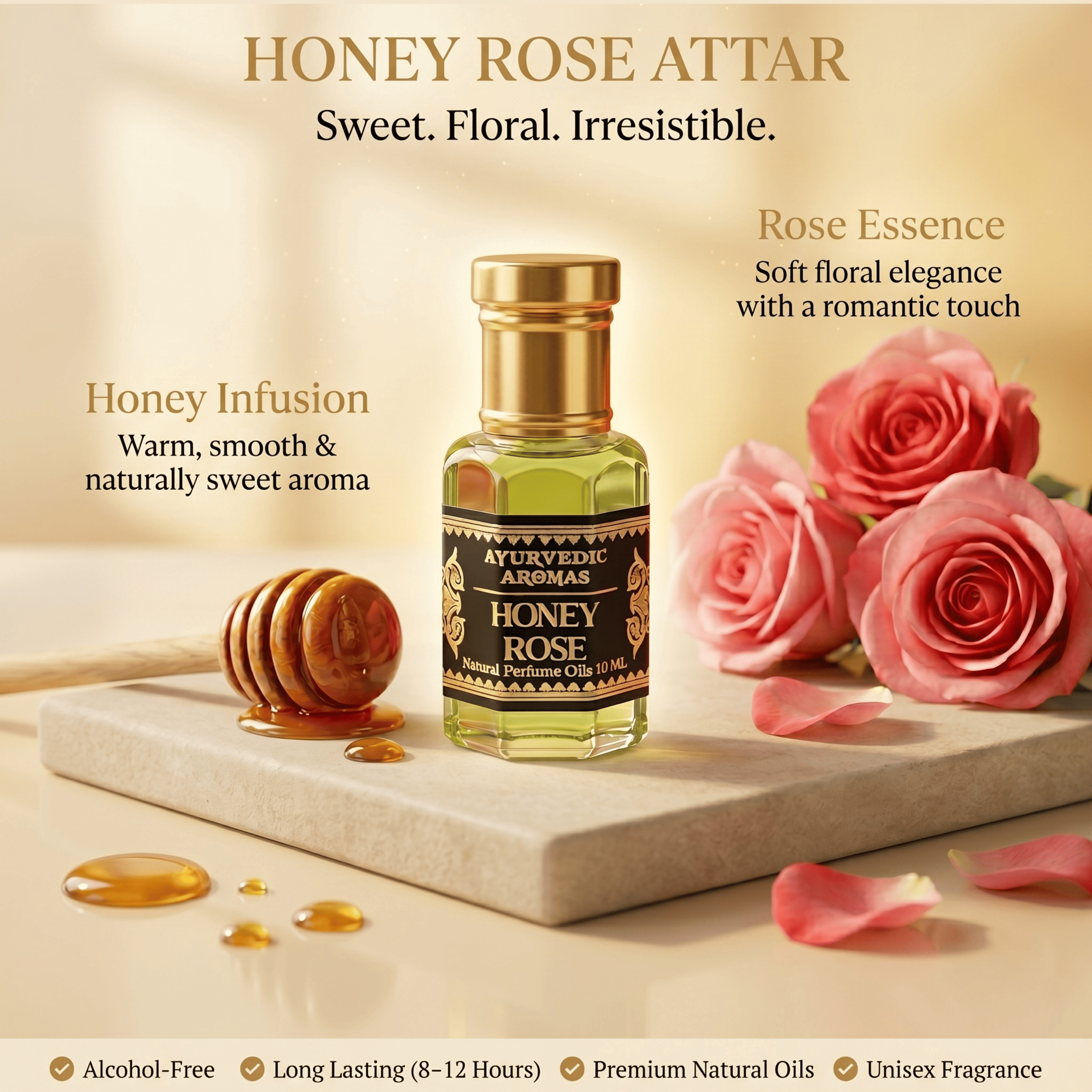Ayurvedic Honey Rose Attar – Premium Alcohol-Free Perfume Oil, Long Lasting Sweet Floral Fragrance with Honey & Musk Notes for Men & Women – 10ml