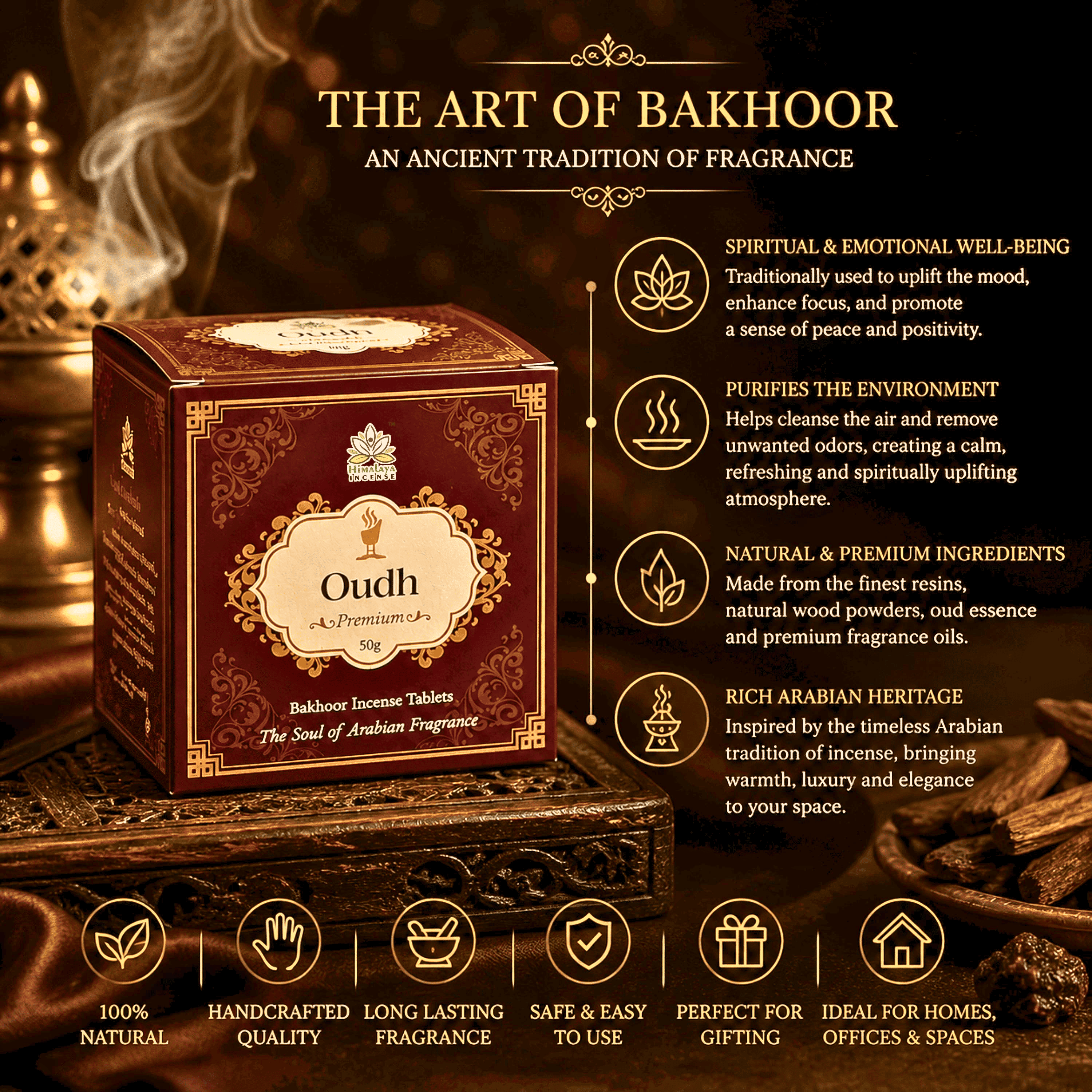 Oudh Bakhoor Tablets – Best Oudh Bakhoor in India | Premium Arabic Bakhoor | Long Lasting Oudh Aroma | Luxury Arabian Bakhoor for Home, Prayer & Meditation | Himalaya Incense 50g