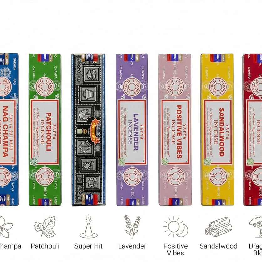 Satya Incense Gift Set 7 x 15g – Premium Masala Agarbatti Combo Pack | Nag Champa, Patchouli, Lavender, Dragon’s Blood, Sandalwood, Positive Vibes