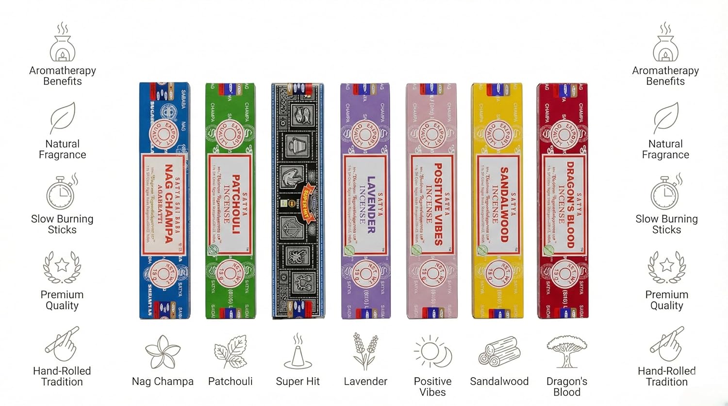 Satya Incense Gift Set 7 x 15g – Premium Masala Agarbatti Combo Pack | Nag Champa, Patchouli, Lavender, Dragon’s Blood, Sandalwood, Positive Vibes