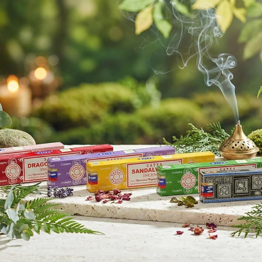 Satya Incense Gift Set 7 x 15g – Premium Masala Agarbatti Combo Pack | Nag Champa, Patchouli, Lavender, Dragon’s Blood, Sandalwood, Positive Vibes
