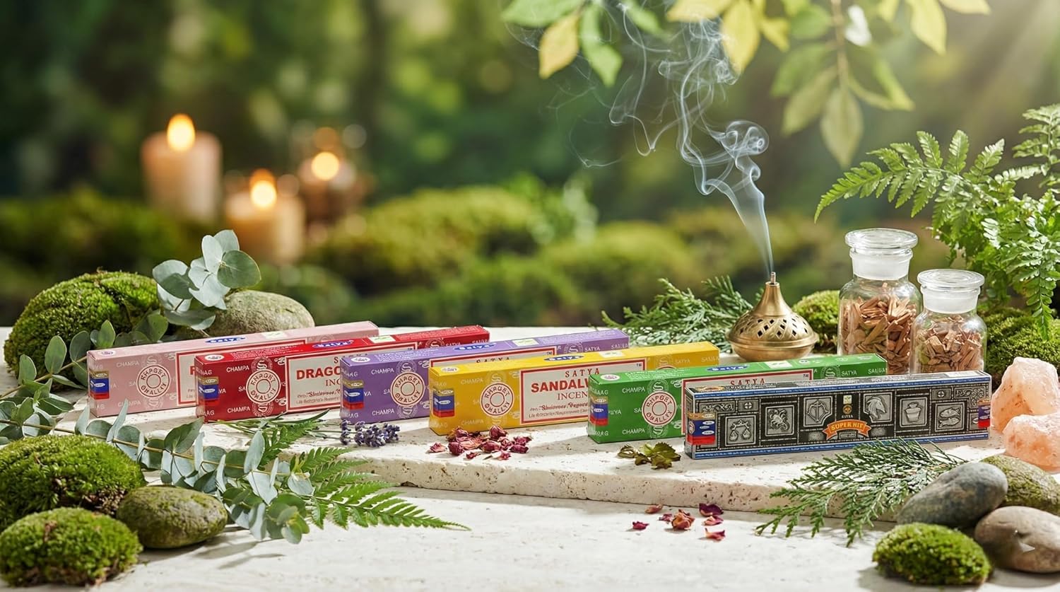 Satya Incense Gift Set 7 x 15g – Premium Masala Agarbatti Combo Pack | Nag Champa, Patchouli, Lavender, Dragon’s Blood, Sandalwood, Positive Vibes
