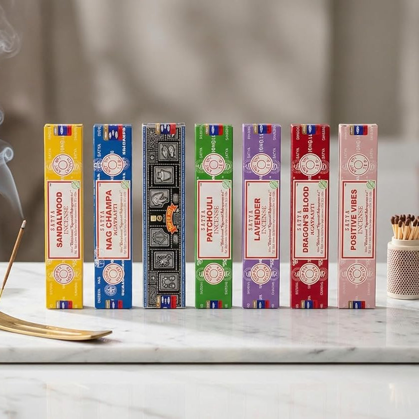 Satya Incense Gift Set 7 x 15g – Premium Masala Agarbatti Combo Pack | Nag Champa, Patchouli, Lavender, Dragon’s Blood, Sandalwood, Positive Vibes