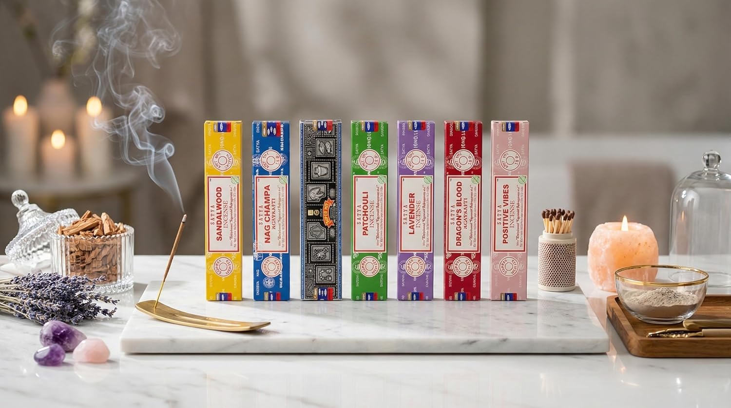 Satya Incense Gift Set 7 x 15g – Premium Masala Agarbatti Combo Pack | Nag Champa, Patchouli, Lavender, Dragon’s Blood, Sandalwood, Positive Vibes
