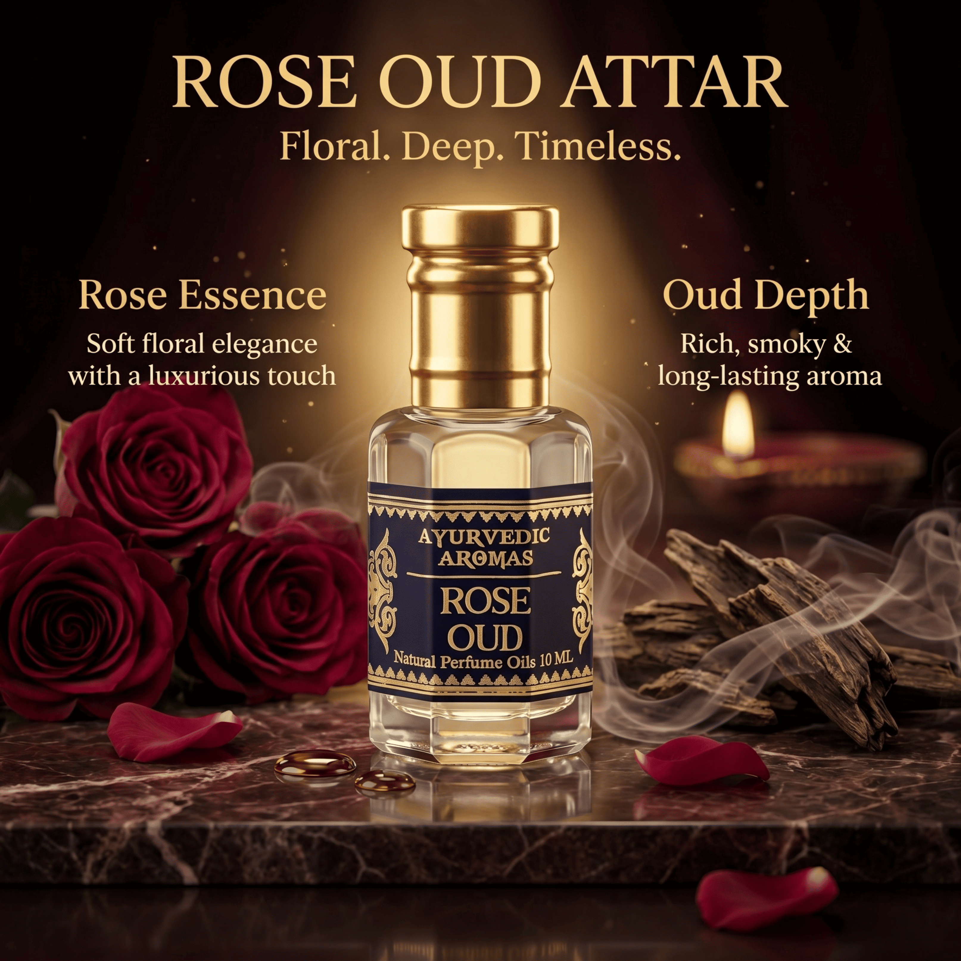 Ayurvedic Rose Oud Attar – Premium Alcohol-Free Perfume Oil, Long Lasting Oud & Rose Fragrance with Amber & Musk for Men & Women – 10ml
