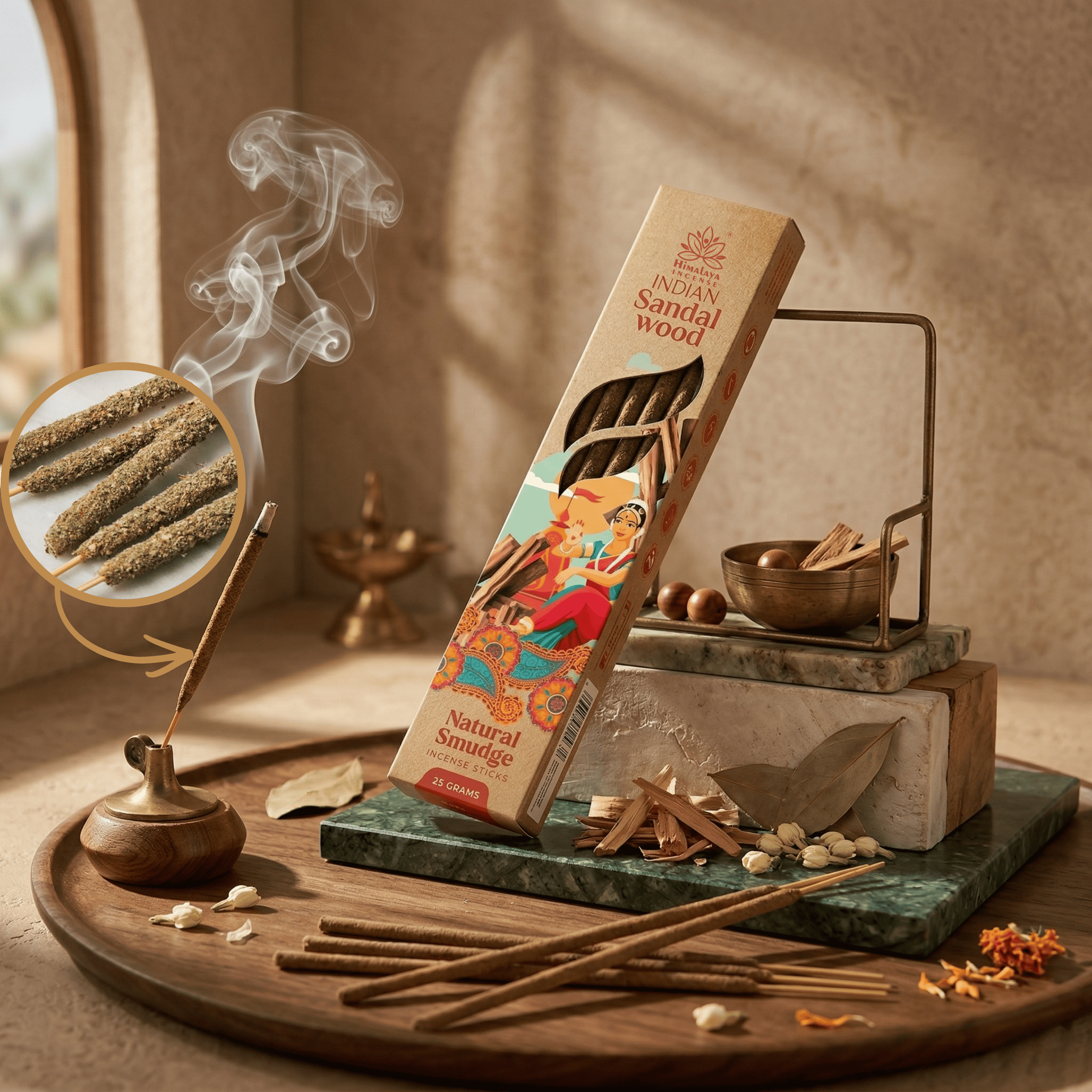 Indian Sandalwood Smudge Incense Sticks – Premium Natural Sandal Incense, Long Lasting Woody Aroma for Meditation & Home Fragrance - 25G / Box