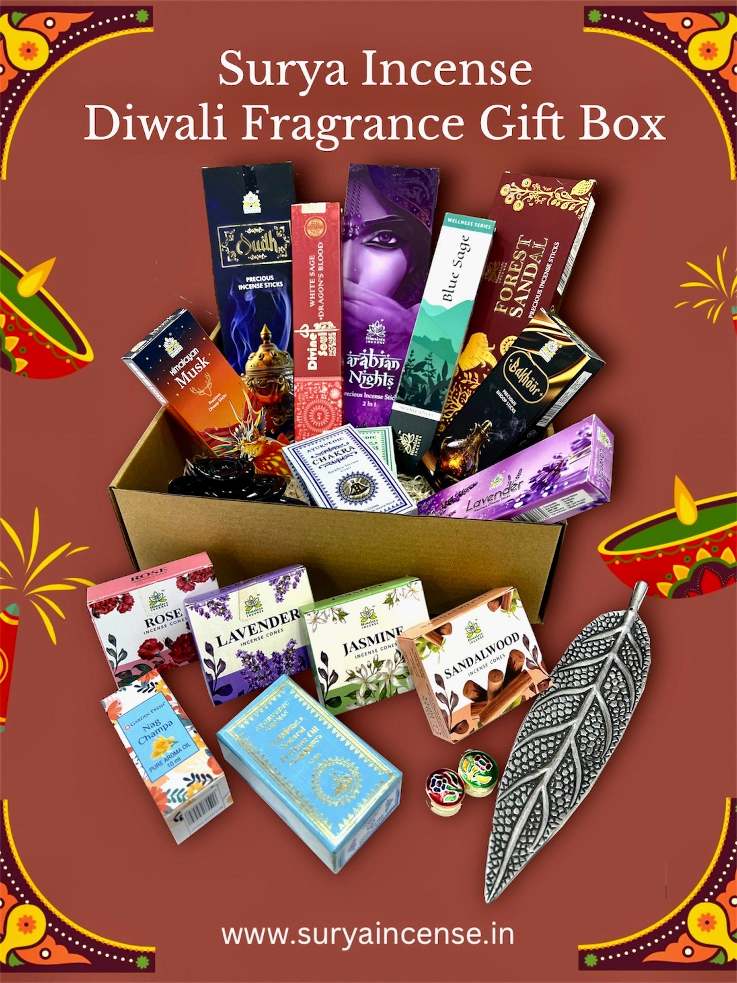 Luxurious Fragrance Collection| Charcoal-free Incense | Fragrance Box of Luxury Incense Sticks, Bamboo less Incense, Dhoop Cones, Backflow Cones, Backflow Burner, Attar, Aroma Oils and Incense Holder, Solid Perfumes.