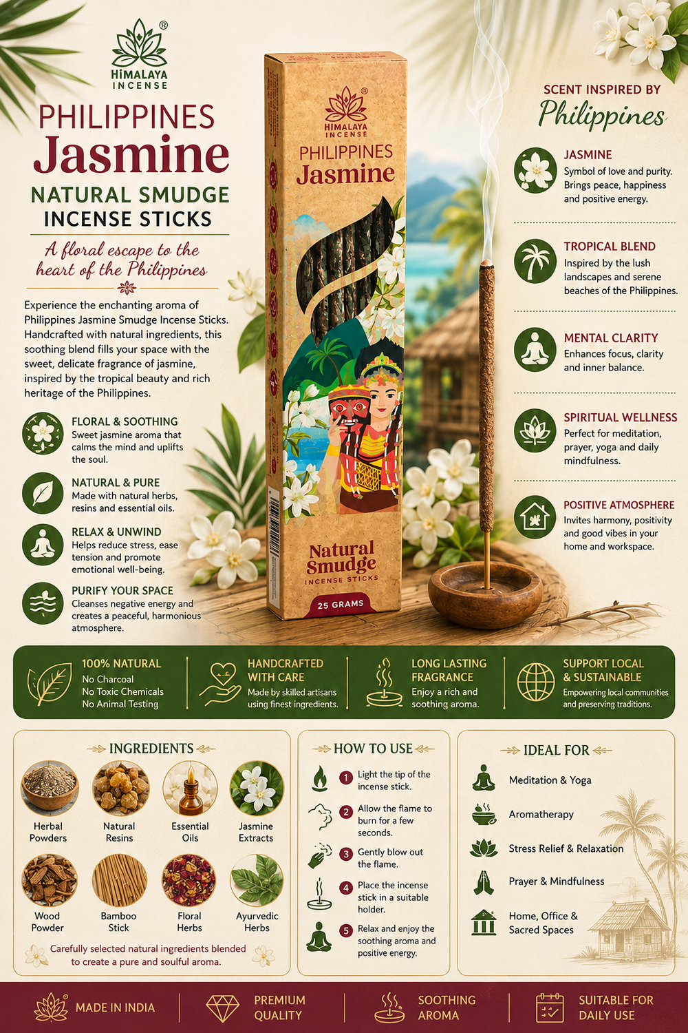 Himalaya Philippines Jasmine Natural Smudge Incense Sticks | Premium Floral Meditation & Aromatherapy Incense | 25g