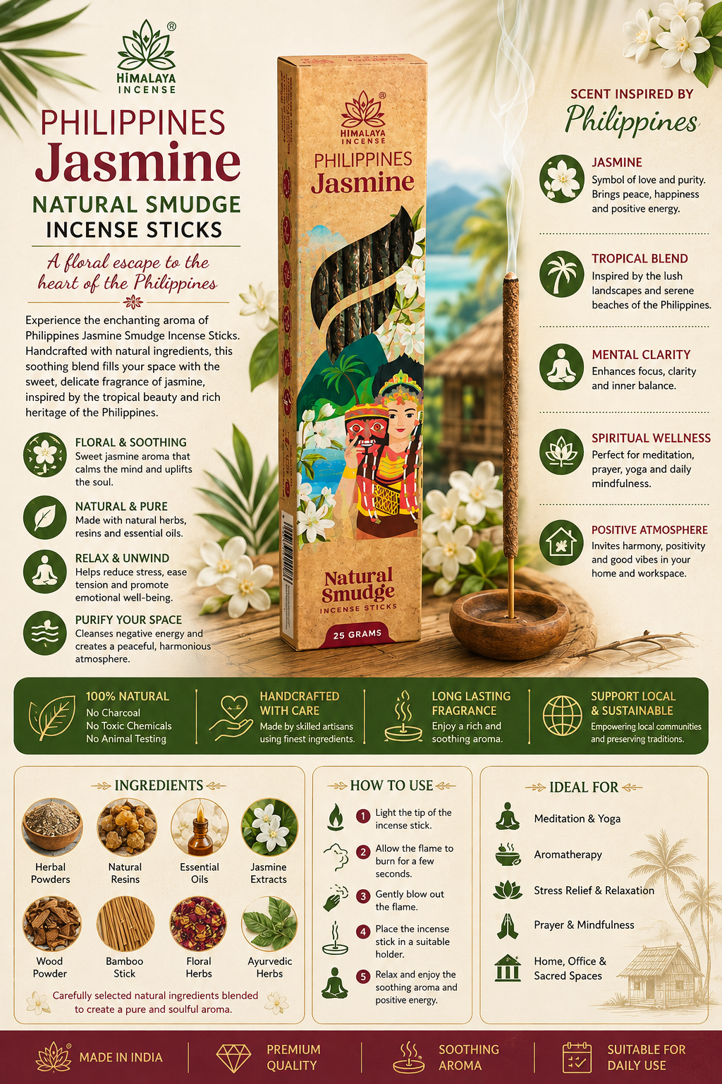 Himalaya Philippines Jasmine Natural Smudge Incense Sticks | Premium Floral Meditation & Aromatherapy Incense | 25g