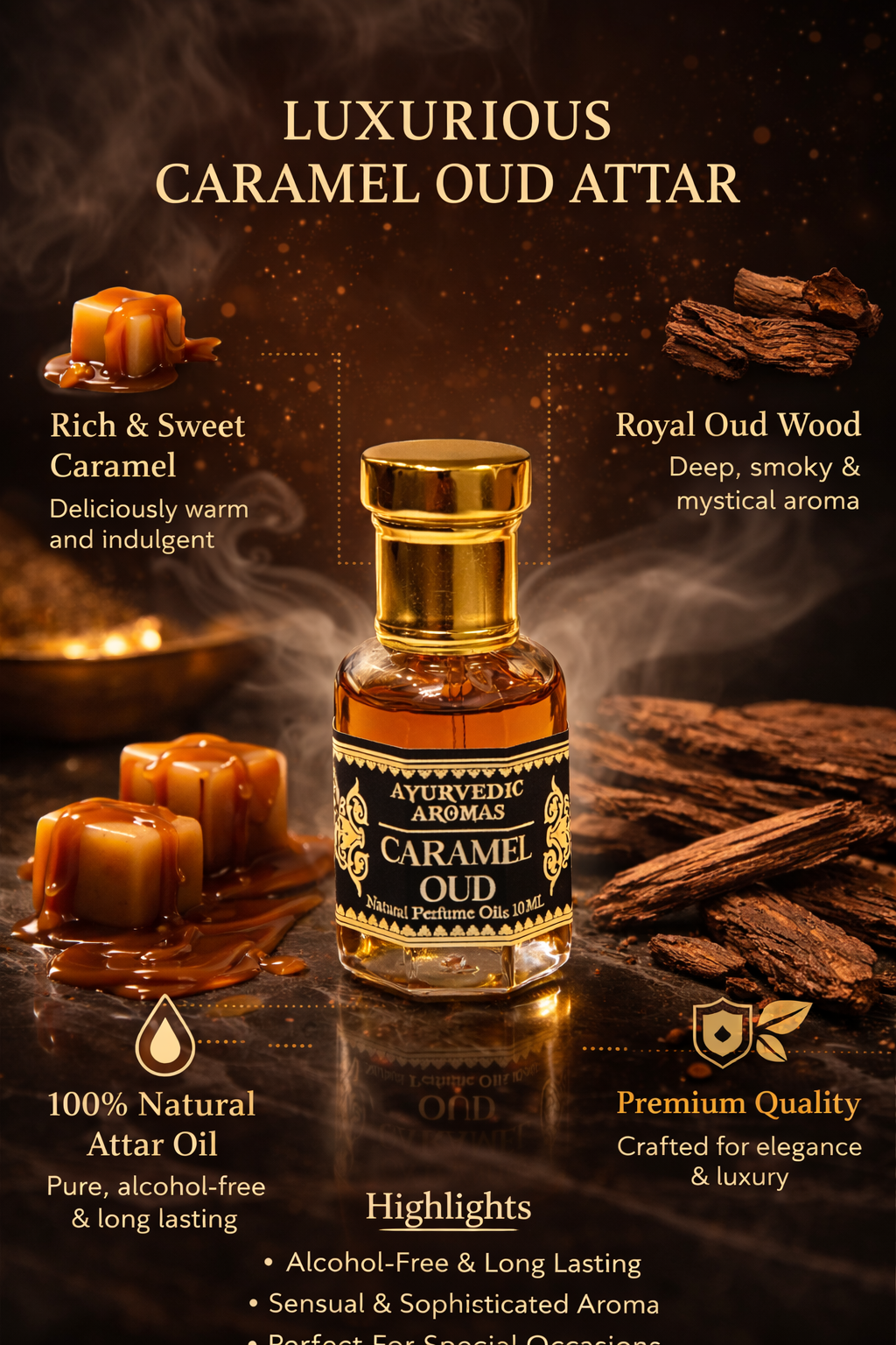 Ayurvedic Caramel Oud Attar – Premium Alcohol-Free Perfume Oil, Long Lasting Sweet Oud Fragrance for Men & Women – 10ml