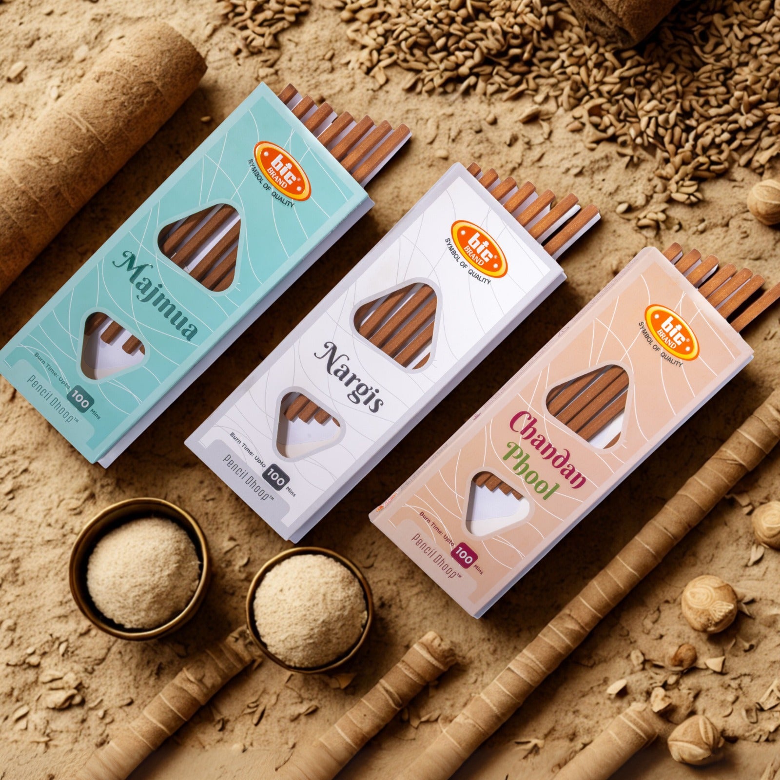 BIC Brand Premium Pencil Dhoop (Chandan Phool, Nargis, Majmua) – Long-Lasting 100 Min Burn Time – Pack of 3