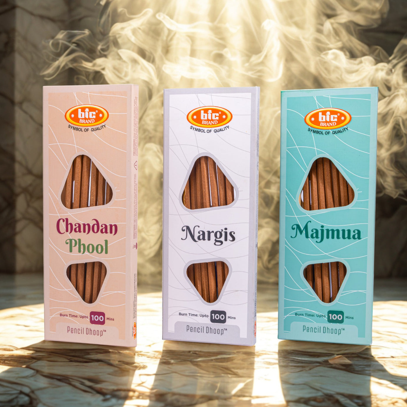 BIC Brand Premium Pencil Dhoop (Chandan Phool, Nargis, Majmua) – Long-Lasting 100 Min Burn Time – Pack of 3