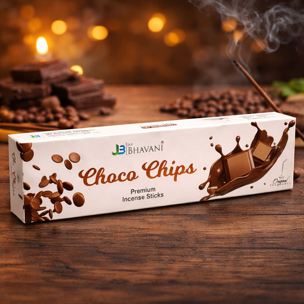 Jay Bhavani Choco Chips Incense Sticks – Chocolate Fragrance Premium Agarbatti, Long Lasting Aroma for Home, Meditation & Relaxation – 90Grm / Pack