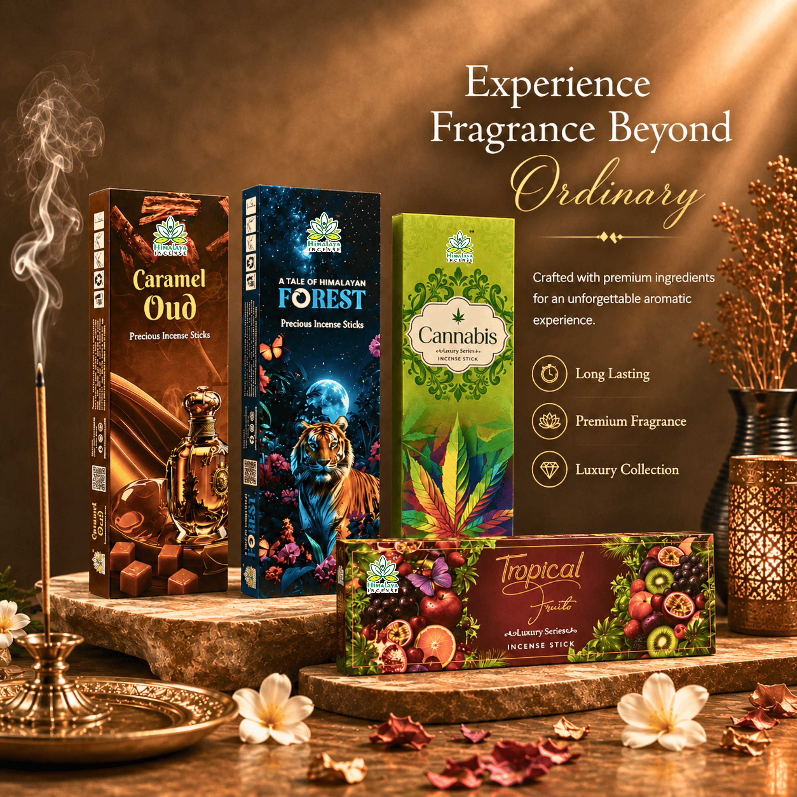 Luxury Incense Sticks Combo | Premium Masala, Fruity, Forest & Luxury Incense Sticks | Himalaya Incense - 50G Each - Pack of 4