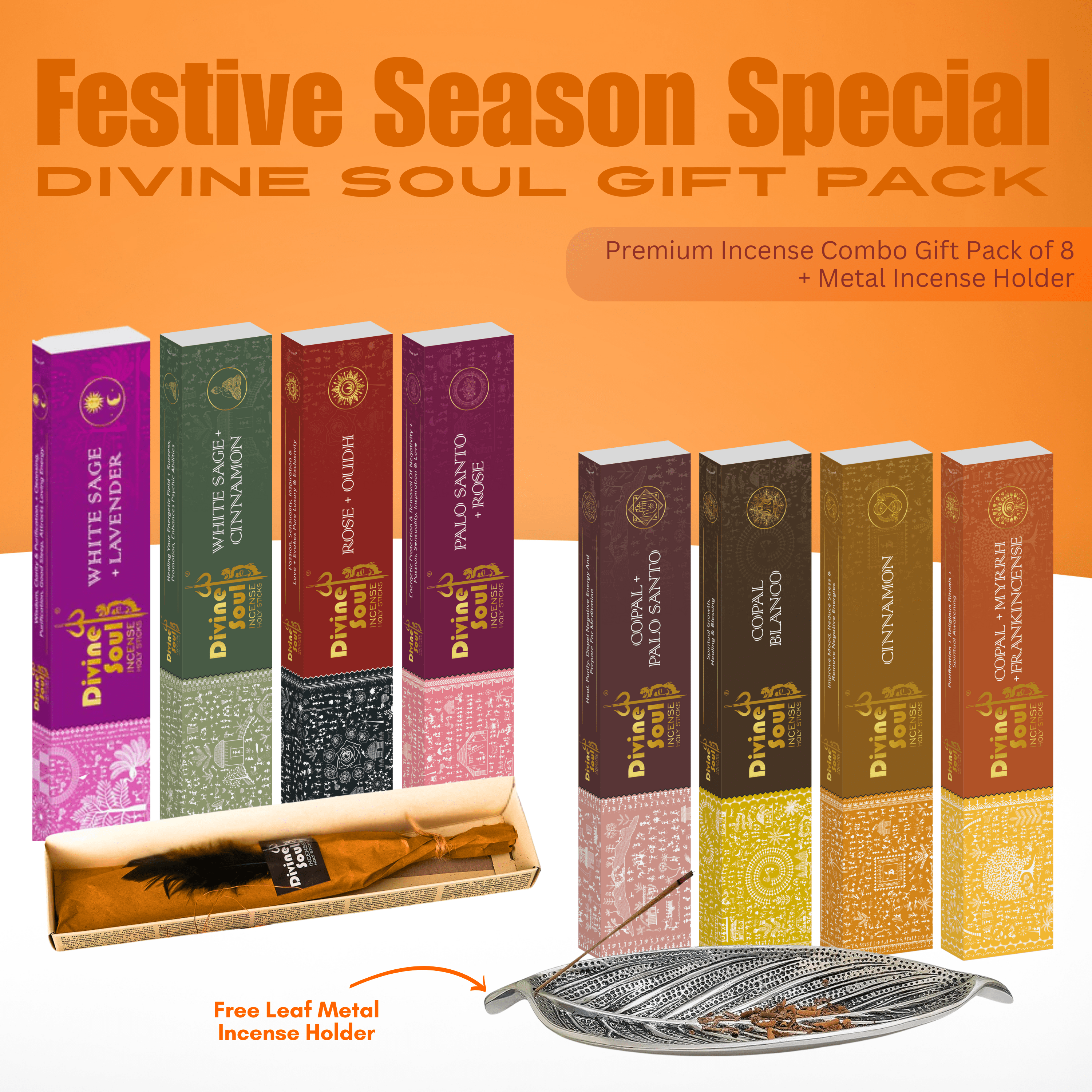 Divine Soul Premium Incense Gift Pack – Perfect Diwali Incense Gifts | Unique Diwali Gift Set | Ganesh Chaturthi Gift Set | Festive Aromatherapy Combo - Pack of 8 with Free Metal Leaf Holder